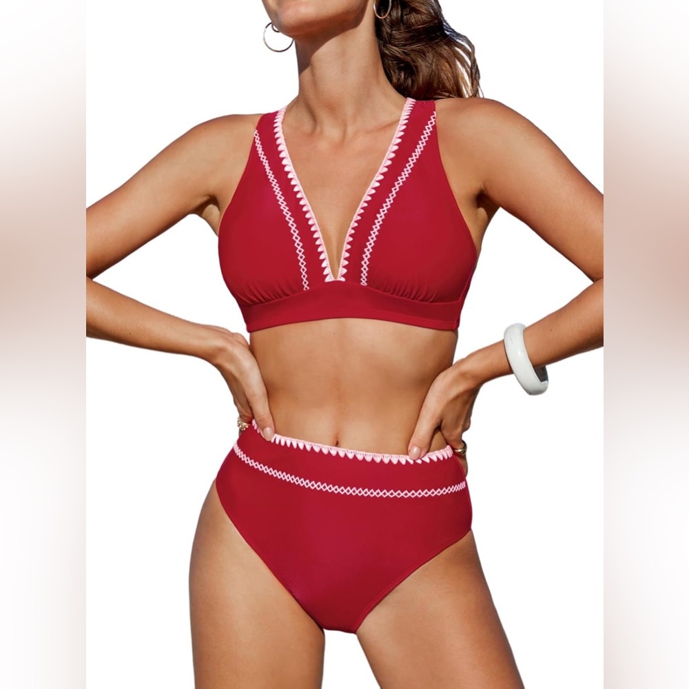 Cupshe | Red High-Waisted Embroidered Bikini Set